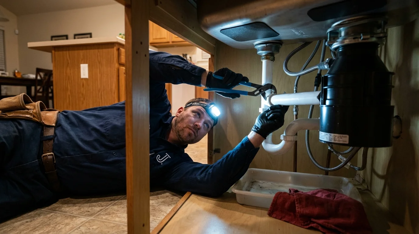 P-trap and supply line connections under a kitchen sink showing a common leak point in Latta, SC